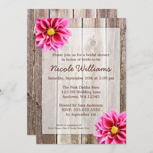 Roze Dahlia Rustic Barn Wood Vrijgezellenfeest Kaart (Voorkant / Achterkant)