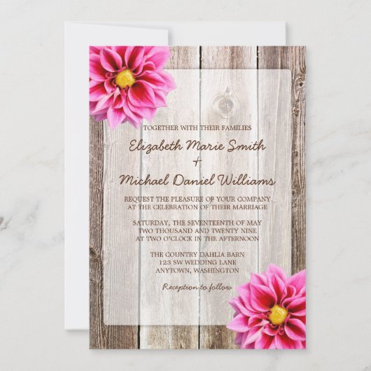 Roze Dahlia Rustic Barn Wood Wedding Invitting Kaart (Voorkant)