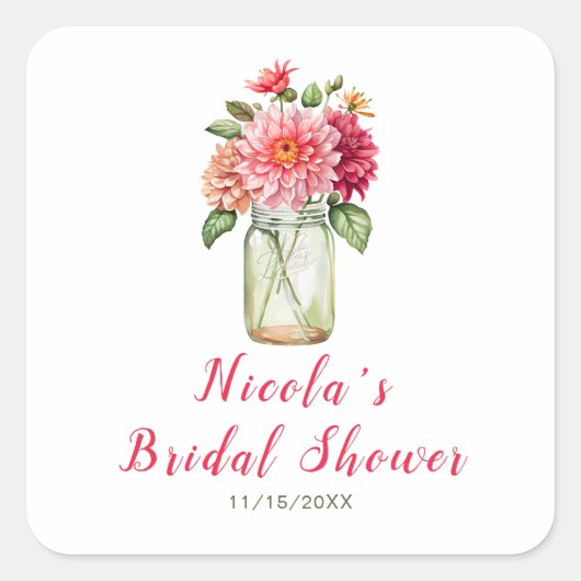 Roze Dahlias Mason Jar Bruidsmeisje Borrel Vierkante Sticker (Voorkant)
