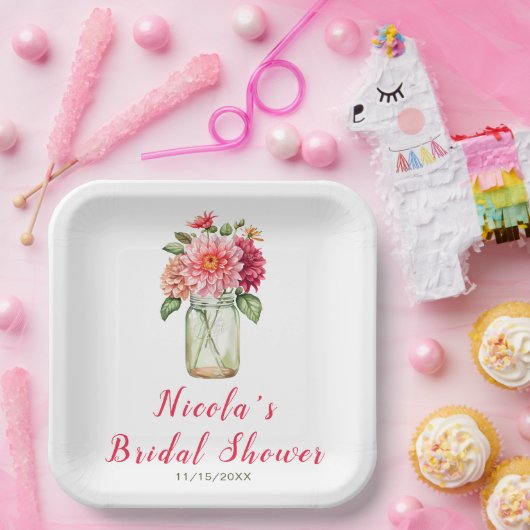 Roze Dahlias Mason Jar Bruidsmeisjesfeest Papieren Bordje (Feest)