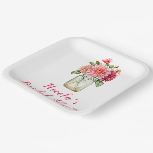 Roze Dahlias Mason Jar Bruidsmeisjesfeest Papieren Bordje (Gebogen)