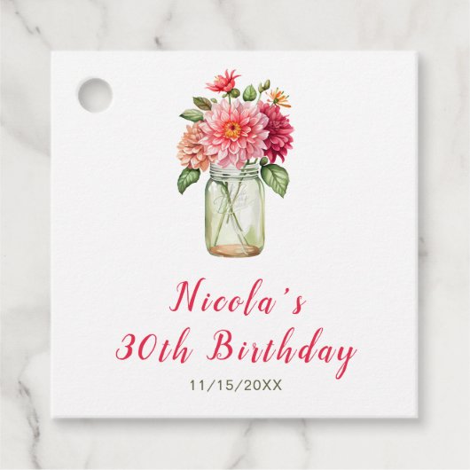 Roze Dahlias Mason Jar Verjaardagsfeest Bedankjes Labels (Voorkant)