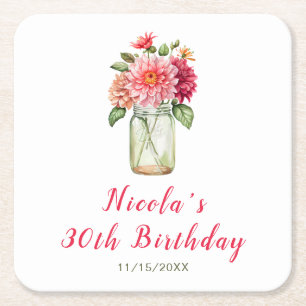 Roze Dahlias Mason Jar Verjaardagsfeest Kartonnen Onderzetters