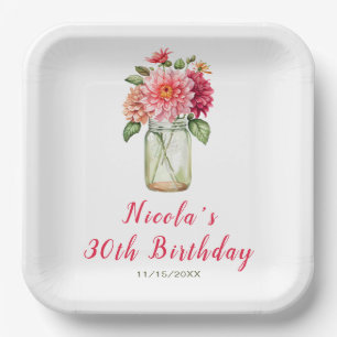 Roze Dahlias Mason Jar Verjaardagsfeest Papieren Bordje