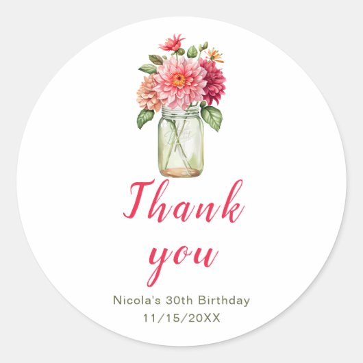 Roze Dahlias Mason Jar Verjaardagsfeest Ronde Sticker (Voorkant)
