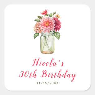 Roze Dahlias Mason Jar Verjaardagsfeest Vierkante Sticker
