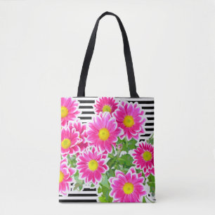 Roze Daisies/Asters Bouquet en zwarte strepen Tote Bag