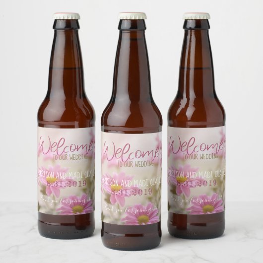 Roze Daisies Bierfles Label Romantische bloemen Bier Etiket (Flessen)