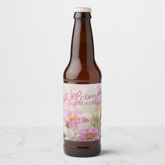 Roze Daisies Bierfles Label Romantische bloemen Bier Etiket (Voorkant)