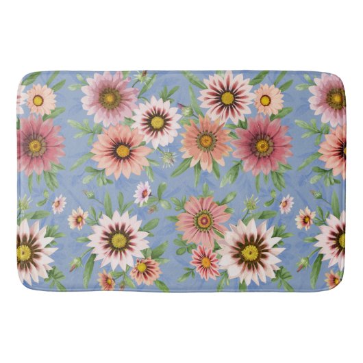 Roze Daisies  bloemmotief op blauw Badmat (Voorkant)