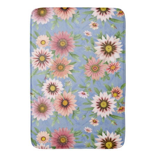 Roze Daisies  bloemmotief op blauw Badmat (Voorkant Verticaal)