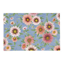 Roze Daisies  bloemmotief op blauw