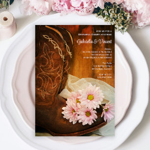 Roze Daisies Cowboy Boots Wedding Rehearsal Dinner Kaart