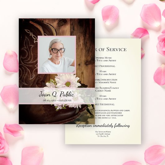 Roze Daisies Cowboy Boots Westerne begrafenisdiens Programmakaart