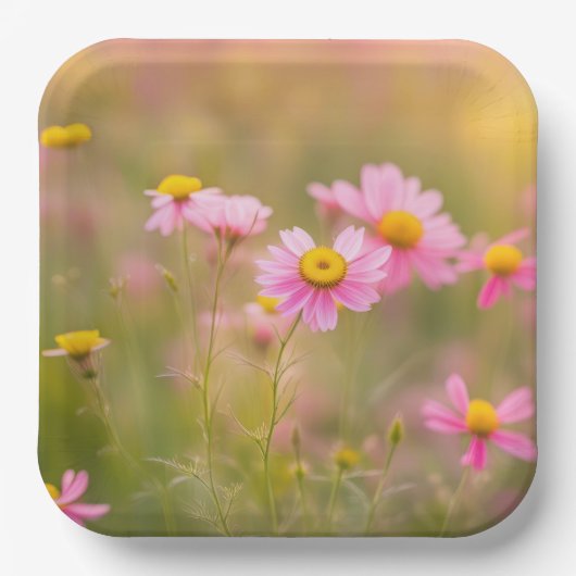 Roze Daisies Meadow Papieren Bordje (Voorkant)