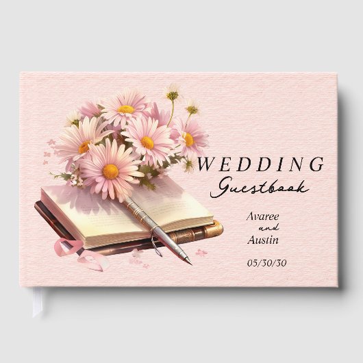 Roze Daisies op Open Boek Trouwen (Voorkant)