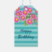 Roze Daisies op Turquoise Strepen Gelukkige Verjaa Cadeaulabel (Voorkant)