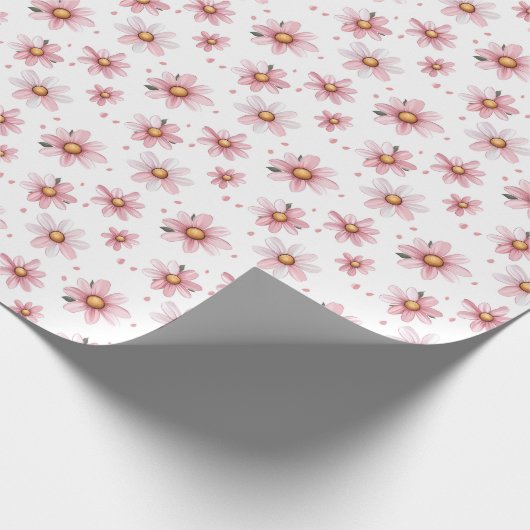 Roze Daisies & Stippen op wit Cadeaupapier (Hoek)