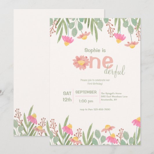 Roze Daisies Waterverf Eerste Verjaardagsuitnodigi Kaart (Voorkant / Achterkant)