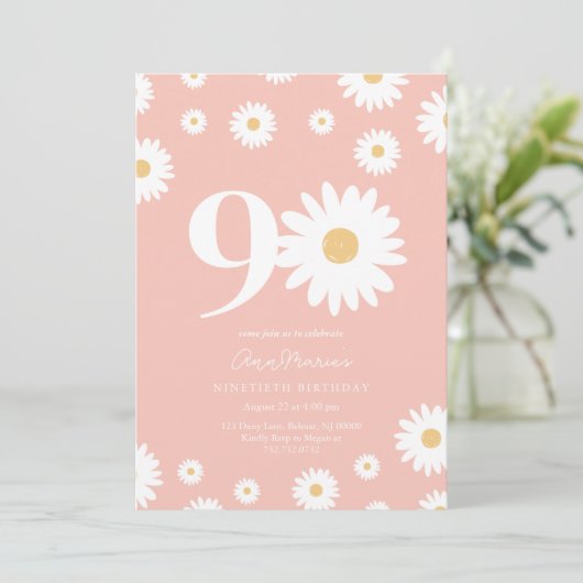 Roze Daisy 90ste verjaardag uitnodiging (Staand voorkant)