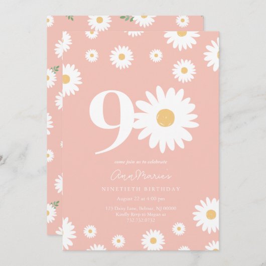 Roze Daisy 90ste verjaardag uitnodiging (Voorkant / Achterkant)