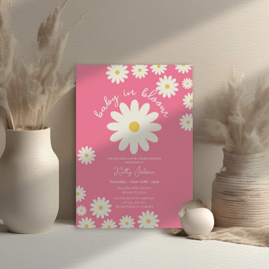 Roze Daisy Baby in Bloom Baby shower Kaart
