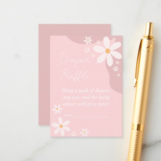 Roze Daisy Baby shower Luier Raffle Informatiekaartje (Voorkant / Achterkant in situ)