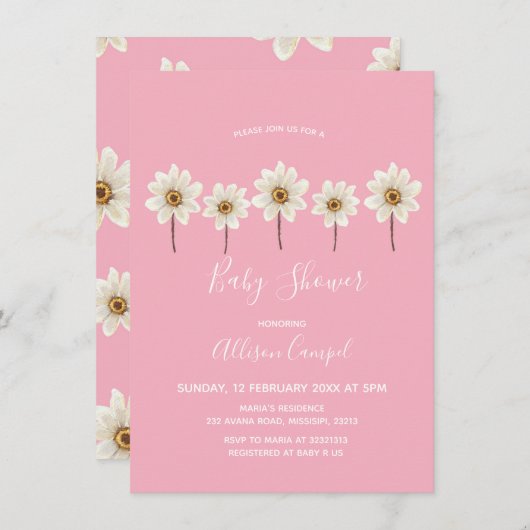 Roze Daisy Baby shower Uitnodiging (Voorkant / Achterkant)