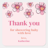 Roze Daisy Baby Shower Vierkant Bedankt Sticker (Voorkant)
