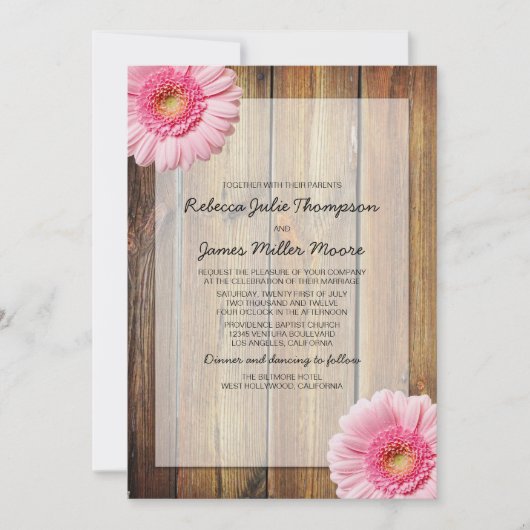 Roze Daisy - Barn Wood - Wedding Invitations Kaart (Voorkant)