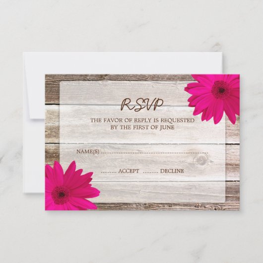 Roze Daisy Barn Wood Wedding RSVP-reactiekaart RSVP Kaartje (Voorkant)