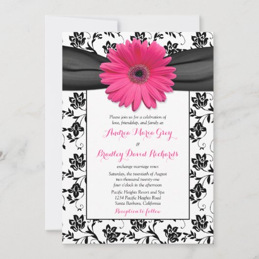 Roze Daisy Black White Floral Wedding Invitation Kaart (Voorkant)