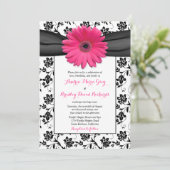 Roze Daisy Black White Floral Wedding Invitation Kaart (Staand voorkant)