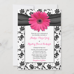 Roze Daisy Black White Floral Wedding Invitation Kaart