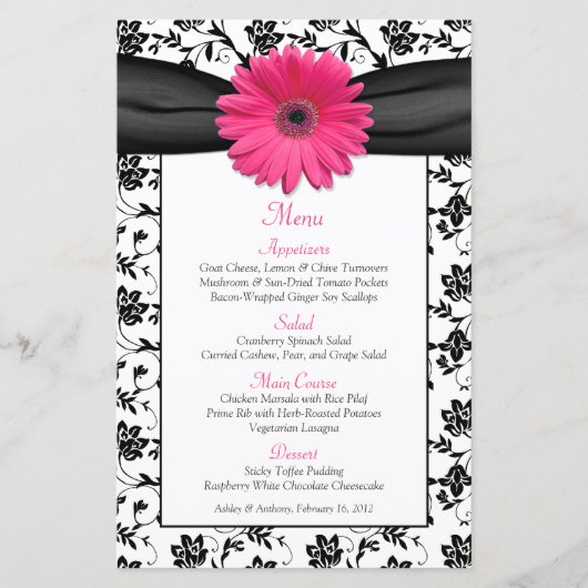 Roze Daisy Black White Floral Wedding Menu Kaart (Voorkant)