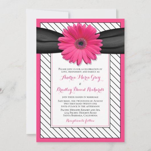 Roze Daisy Black White Pinstripe Wedding Kaart (Voorkant)