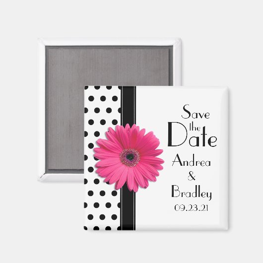 Roze Daisy Black White Polka Dot Save the Date Magneet (Voorkant / Achterkant)