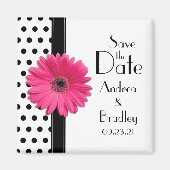 Roze Daisy Black White Polka Dot Save the Date Magneet (Voorkant)