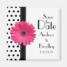 Roze Daisy Black White Polka Dot Save the Date Magneet