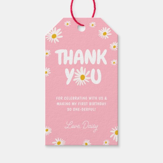 Roze Daisy Bloemen 1e Verjaardag Dank u wel Cadeaulabel (Voorkant)