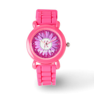 Roze Daisy Bloemenmeisje Glitter Gepersonaliseerd Horloge