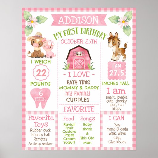 Roze Daisy Boerderij 1e Verjaardag Milestone Poste Poster (Voorkant)