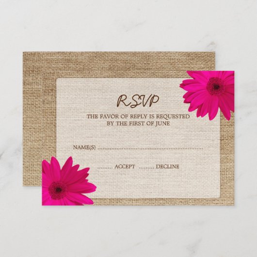 Roze Daisy Burlap Wedding RSVP-reactiekaart RSVP Kaartje (Voorkant / Achterkant)