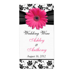 Roze Daisy Damask Bruiloft Wijnfles Etiketten