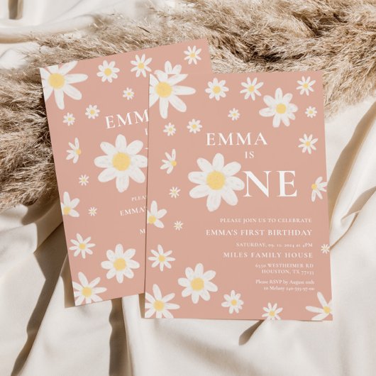 Roze Daisy Eerste 1e Verjaardag uitnodiging Eén