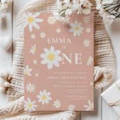 Roze Daisy Eerste 1e Verjaardag uitnodiging Eén