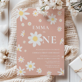 Roze Daisy Eerste 1e Verjaardag uitnodiging Eén