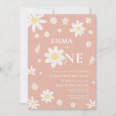 Roze Daisy Eerste 1e Verjaardag uitnodiging Eén (Voorkant)