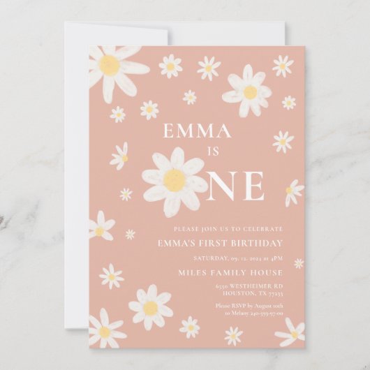 Roze Daisy Eerste 1e Verjaardag uitnodiging Eén (Voorkant)