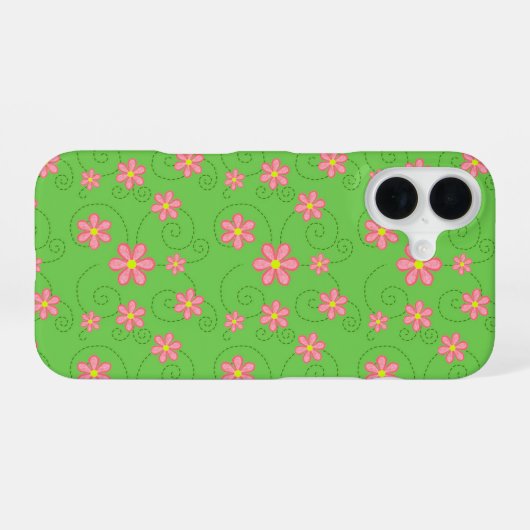 Roze Daisy en Bug Trail Patroon op Heldergroen iPhone 16 Hoesje (Achterkant horizontaal)